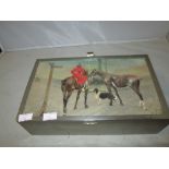 Early 20th century silver plated cigarette box in watercolour panel of a Hunting scene