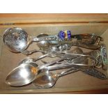 Odd silver plated souvenir spoons (some silver included), tongs,