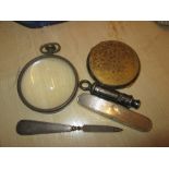 Vintage desk magnifier, silver nail file and buffer,