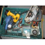 Box of electrical DIY tools, planer, sander, jigsaws,