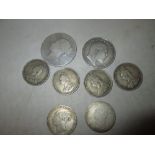 Coins : Half Crown 1884 poor, Florin 1907 NF/ F, Shillings 1880 NF, 1887 four coins all NF/F,