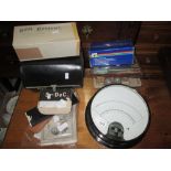 Vintage Polaroid camera, flash bulbs, slide copier, BPM bellows, cigarette cards, tester etc.