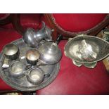 Box of assorted silver plated ware, tea set etc.