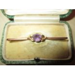 9 ct gold bar brooch set with single amethyst in presentation box