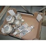 3 x boxes of decorative china, painted vintage style metal ware, hat box, blue and white etc.