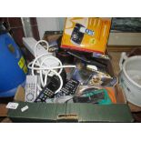 Box of remote controllers, Motorola digital telephone system etc.