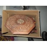 Box of Indian folding tables & brass table lamp
