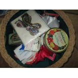 Wicker sewing box and contents