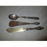 2 x Silver handled shoe horn, knife & fork,