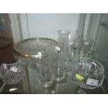 Shelf of cut glass and other glassware, bowls, glasses,