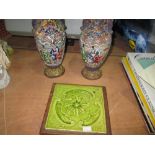 Pair of early 20th century Japanese Satsuma style vases and Victorian green glaze tile