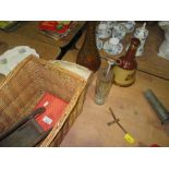 Vintage egg whisk, wicker basket, Wade & other decanters,