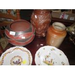 3 x Antique tin glazed plates, stone ware salt glaze flagon, jar,