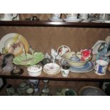 Shelf of decorative china : Wedgwood Jasperware, glass ware, resin figures, carved bone figure,