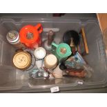 2 x boxes of retro and vintage items : thermos, alarm clocks, pictures,