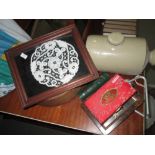 Box of china, hip flask, mounted lace etc.