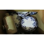 Assorted decorative blue and white dinner ware and hot water bottles etc.