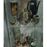 2 x shelves of studio pottery, Wade whimsies, silver rimmed stoneware jugs etc.