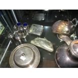 Assorted silver plated ware : milk pot, cigarette case etc.