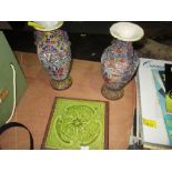 Pair of early 20th century Japanese Satsuma style vases and Victorian green glaze tile