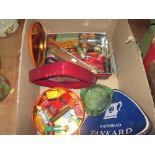 Box of oddments including advertising ashtrays & tins,