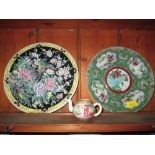 2 x Chinese plates and Famille Rose nursery tea pot