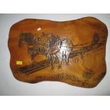 Carved rustic ash wall plaque of Farmer ploughing with horse by Frank Howard