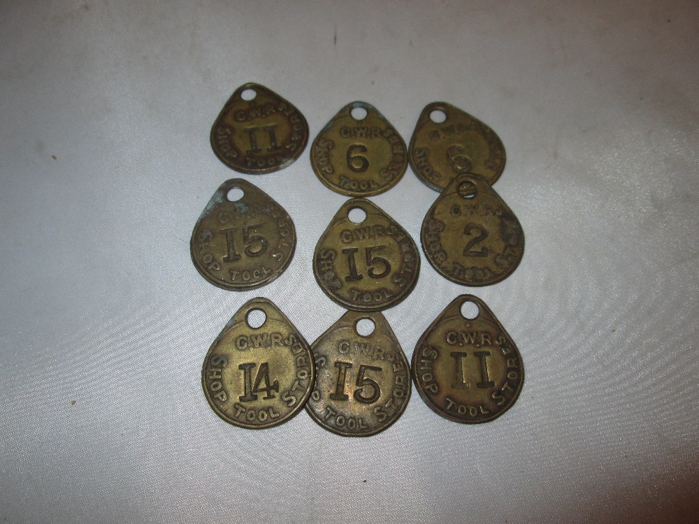 9 x brass GWR Railway Shop Tools Tokens