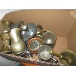 Box of pewter & brassware : tankards, Chinese vase top etc.