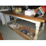 Vintage stripped top oak refectory dining table with painted legs