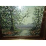 20th century oil on artists board River Scene by Restall 17 cms x 24 cms