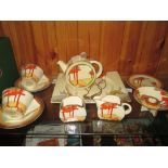 Clarice Cliff Bizarre tea for two with conical cups and triangle handles & candlestick Coral Firs