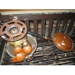 Vintage brass Primus stove, warming pan, preserve pans,