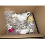 Box of wine glasses & box of assorted silver plate, Poole pottery etc.