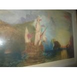 20th century print of a Galleon signed by the artist T H Crawford