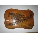 Carved rustic ash wall plaque of Farmer ploughing with horse by Frank Howard
