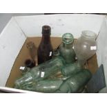 Box of assorted antique and vintage bottles : advertising included C Ham of Exeter,