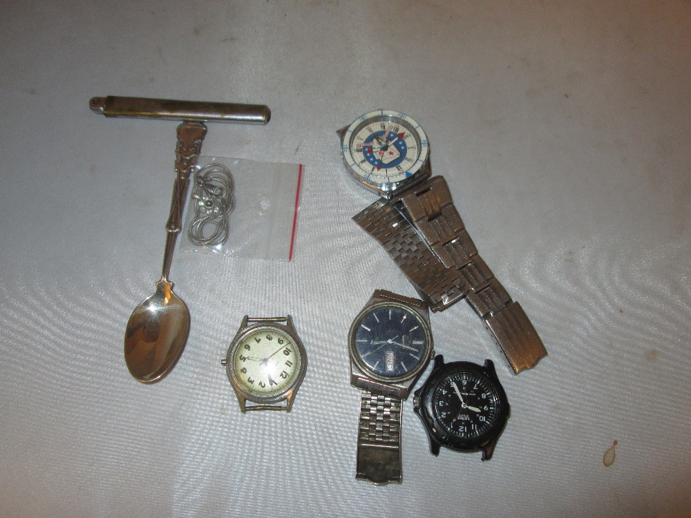 Bag of assorted wristwatches : Lorus, Seiko & others , silver tea spoon etc.