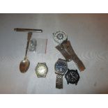 Bag of assorted wristwatches : Lorus, Seiko & others , silver tea spoon etc.