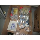 Box of assorted glassware, collectable Lurpak advertising butter dishes,