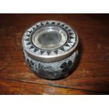Early 20th century silver rimmed carved bog oak ink stand