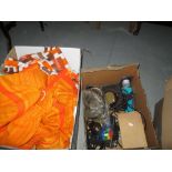 Box of assorted car spares & linen,, curtains etc.