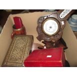 3 x boxes of wooden ware : barometers, clocks, recorder, jewellery box etc.