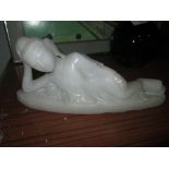 Antique carved alabaster reclining Buddha ornament 14 cms x 27 cms