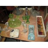Assorted vintage glassware : Uranium glass dressing table ware, Art Deco candle sticks etc.