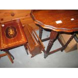 Vintage oak barley twist table, inlaid Italian musical sewing box,