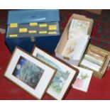 A small collection of Beatrix Potter books, metal filing box and collection of prints.