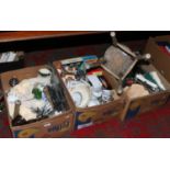 Three boxes of mostly pottery, linens, glassware, silver plated metalware, including Coalport,