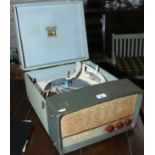 1950s HMV portable record player with Garrard 210 autochanger.