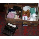 Two boxes of miscellaneous to include Underwood typewriter, bone china teaset,